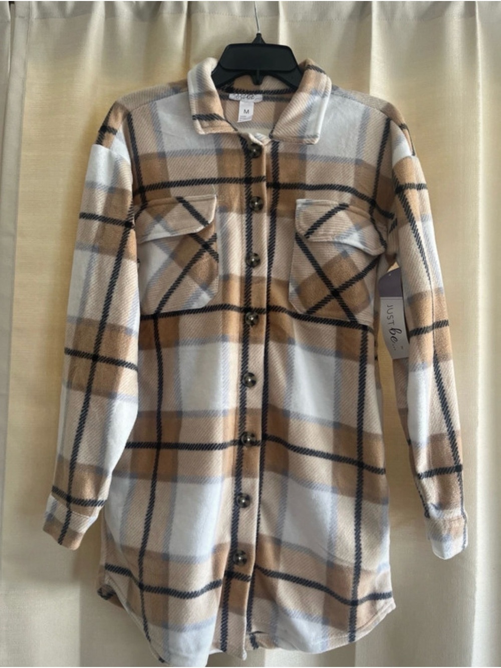 just be Beige and White Plaid Button-Front Shacket